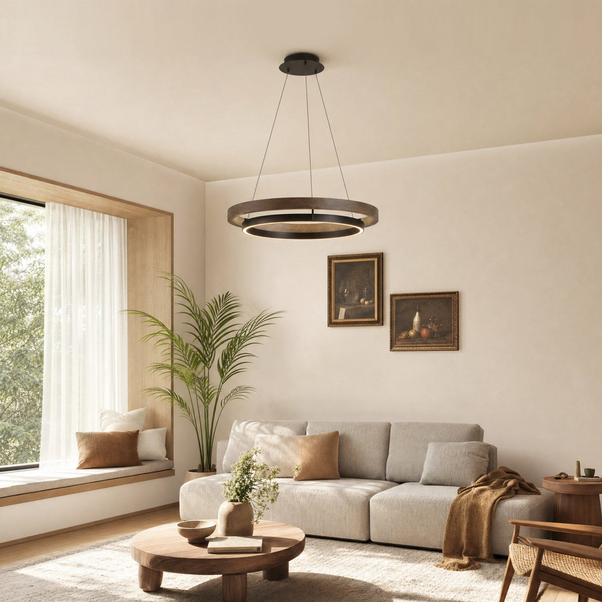 Wood ring chandelier in a calm living room