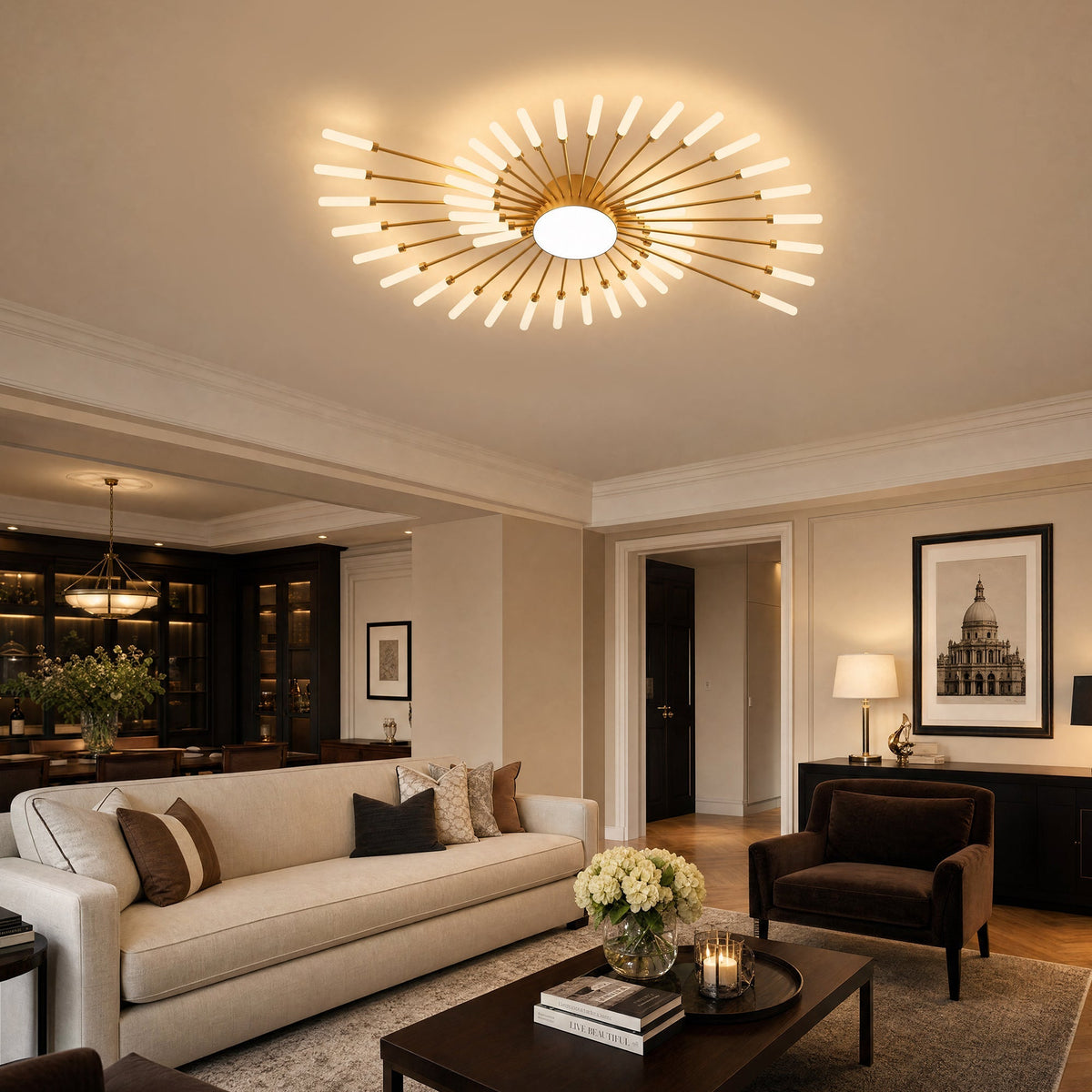 Sunburst ceiling light in a living room