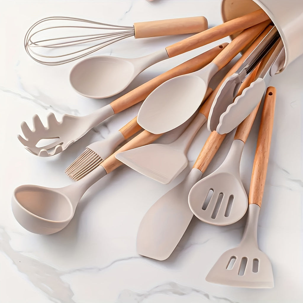 12-Piece Silicone Cooking Utensil Set, Wooden Handles, 230C