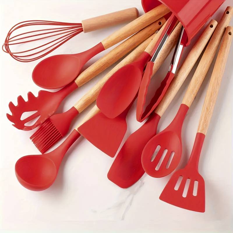 12-Piece Silicone Cooking Utensil Set, Wooden Handles, 230C