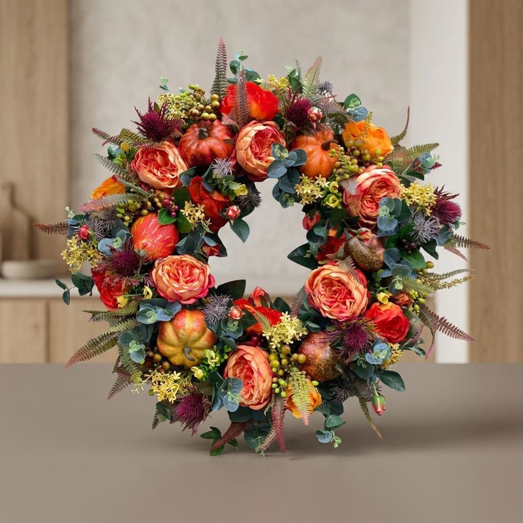Pumpkin and Rattan Wreath 40cm in Orange, Brown and Green