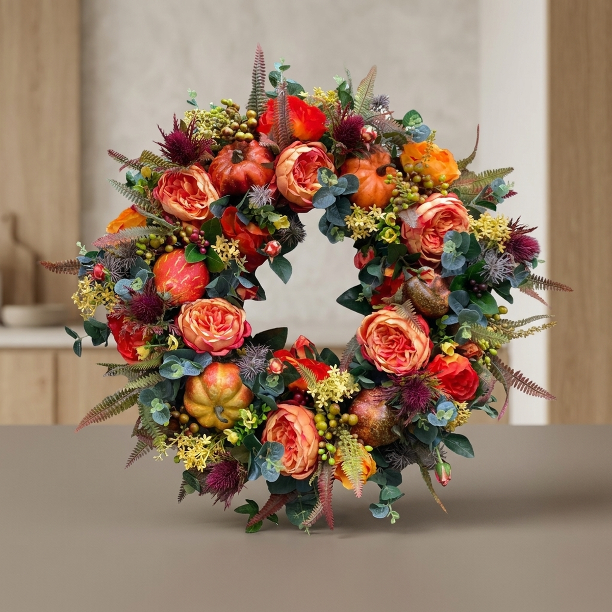 Pumpkin and Rattan Wreath 40cm in Orange, Brown and Green