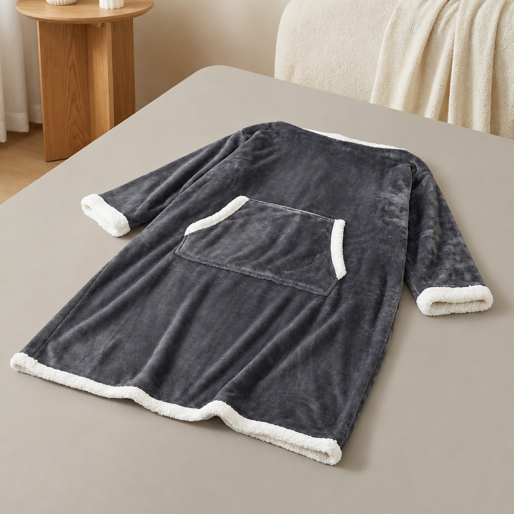 Wearable Sherpa Fleece Blanket with Sleeves and Foot Pocket