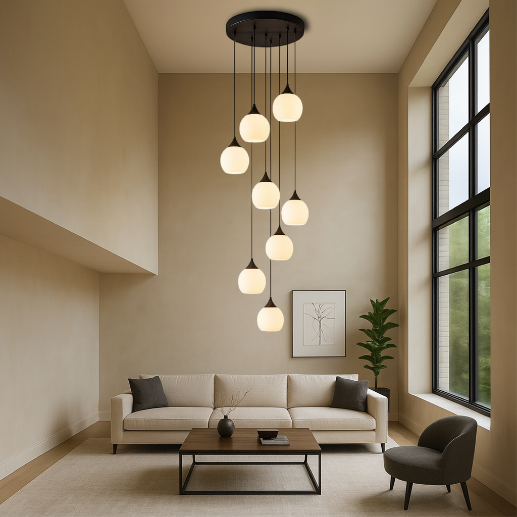 Tall Glass and Metal LED Staircase Chandelier in Black