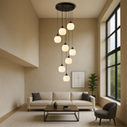 Tall Glass and Metal LED Staircase Chandelier in Black