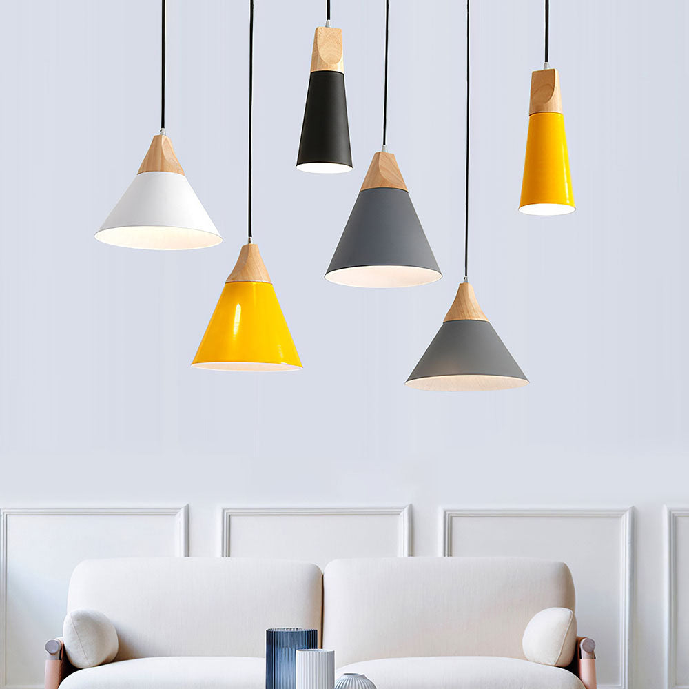 Wood and Aluminium Pendant Light, E27, Seven Colours