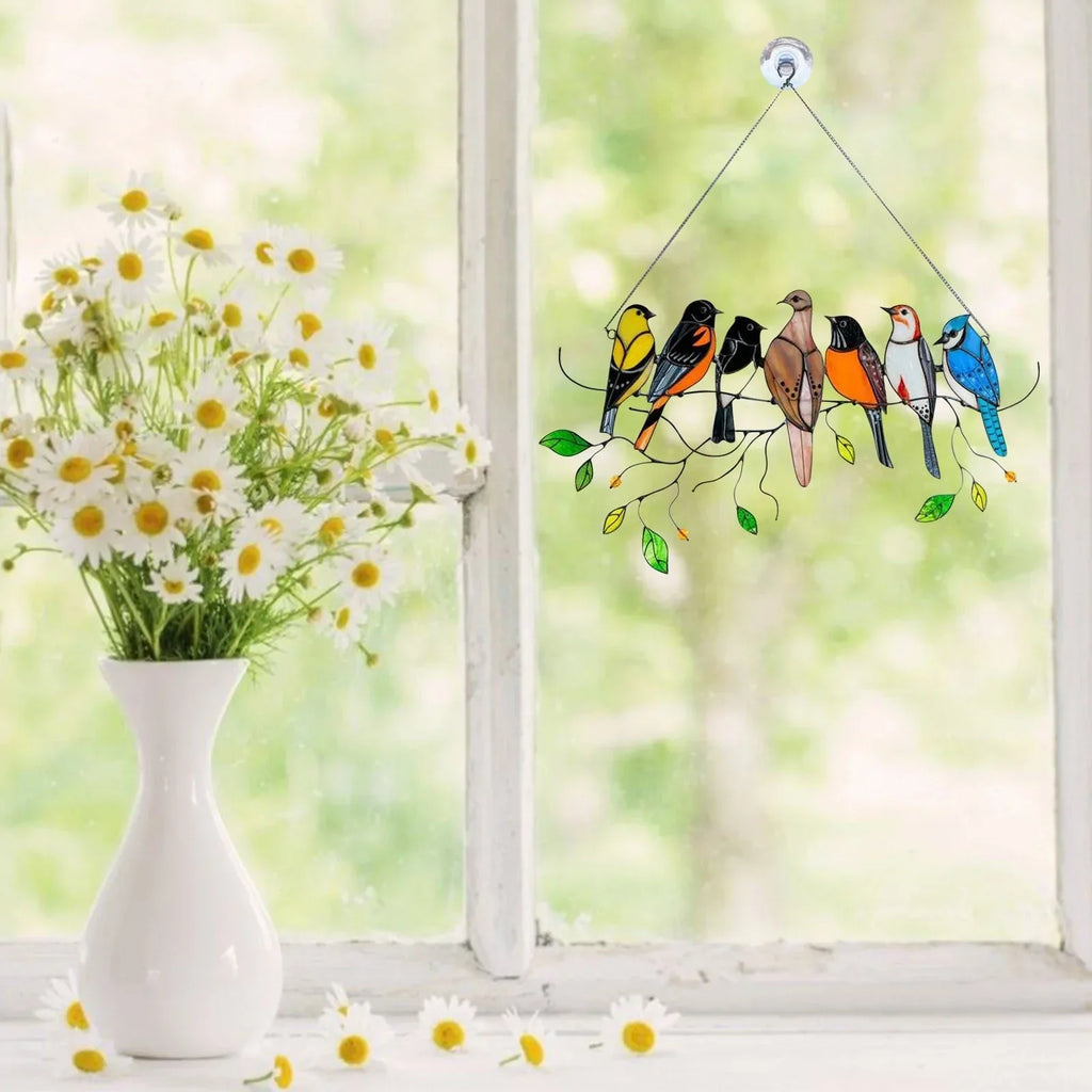 Stained Glass Style Bird Suncatcher with 7 Birds, 20.5cm