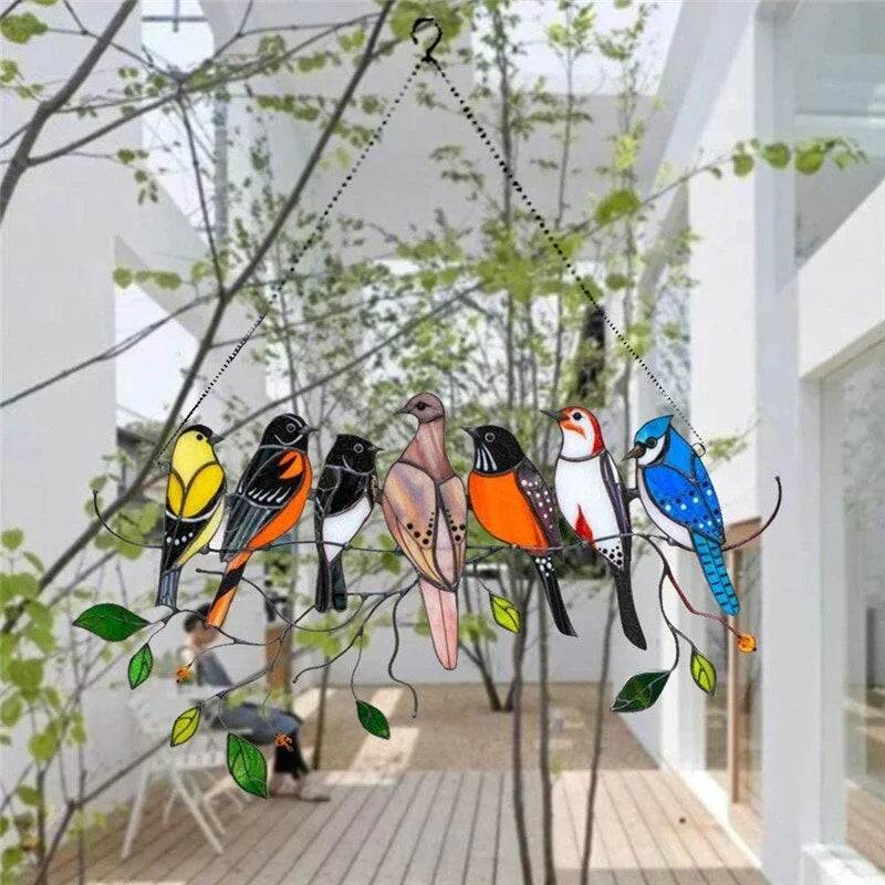 Stained Glass Style Bird Suncatcher with 7 Birds, 20.5cm