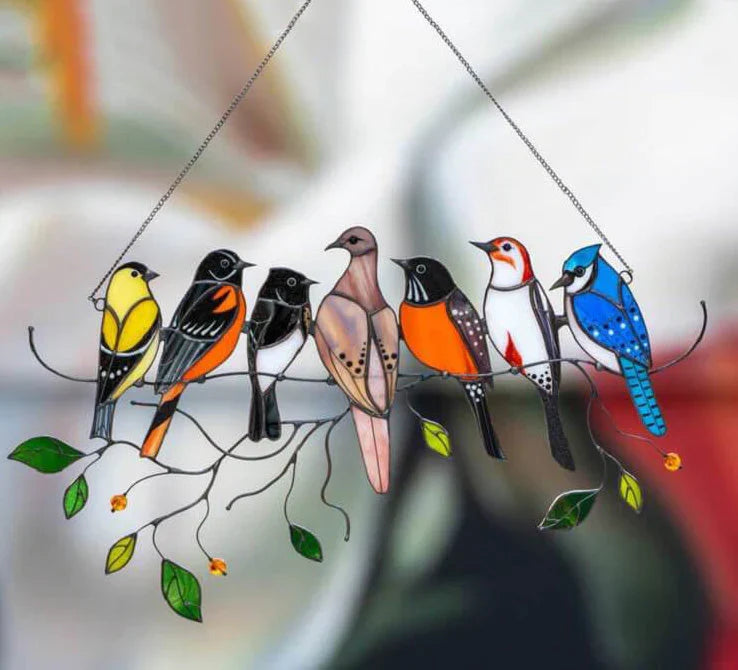 Stained Glass Style Bird Suncatcher with 7 Birds, 20.5cm