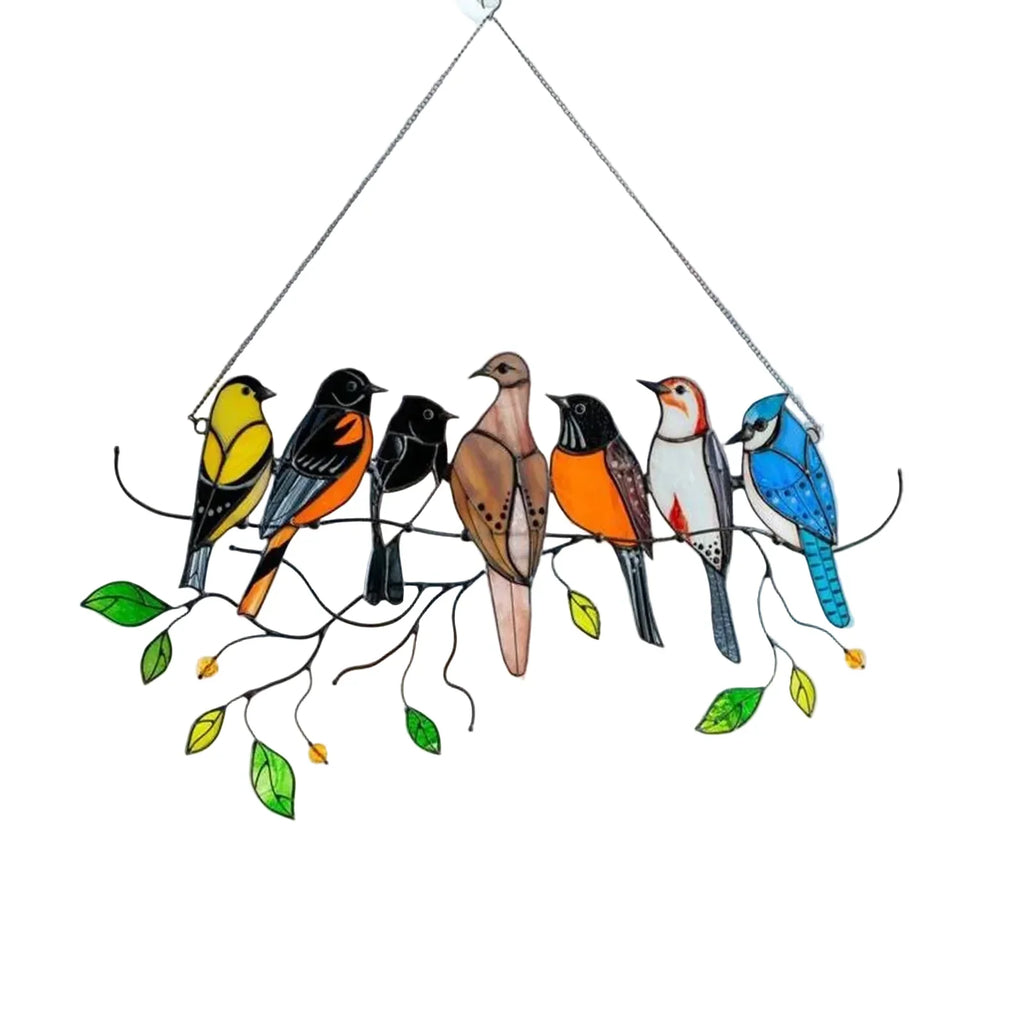 Stained Glass Style Bird Suncatcher with 7 Birds, 20.5cm