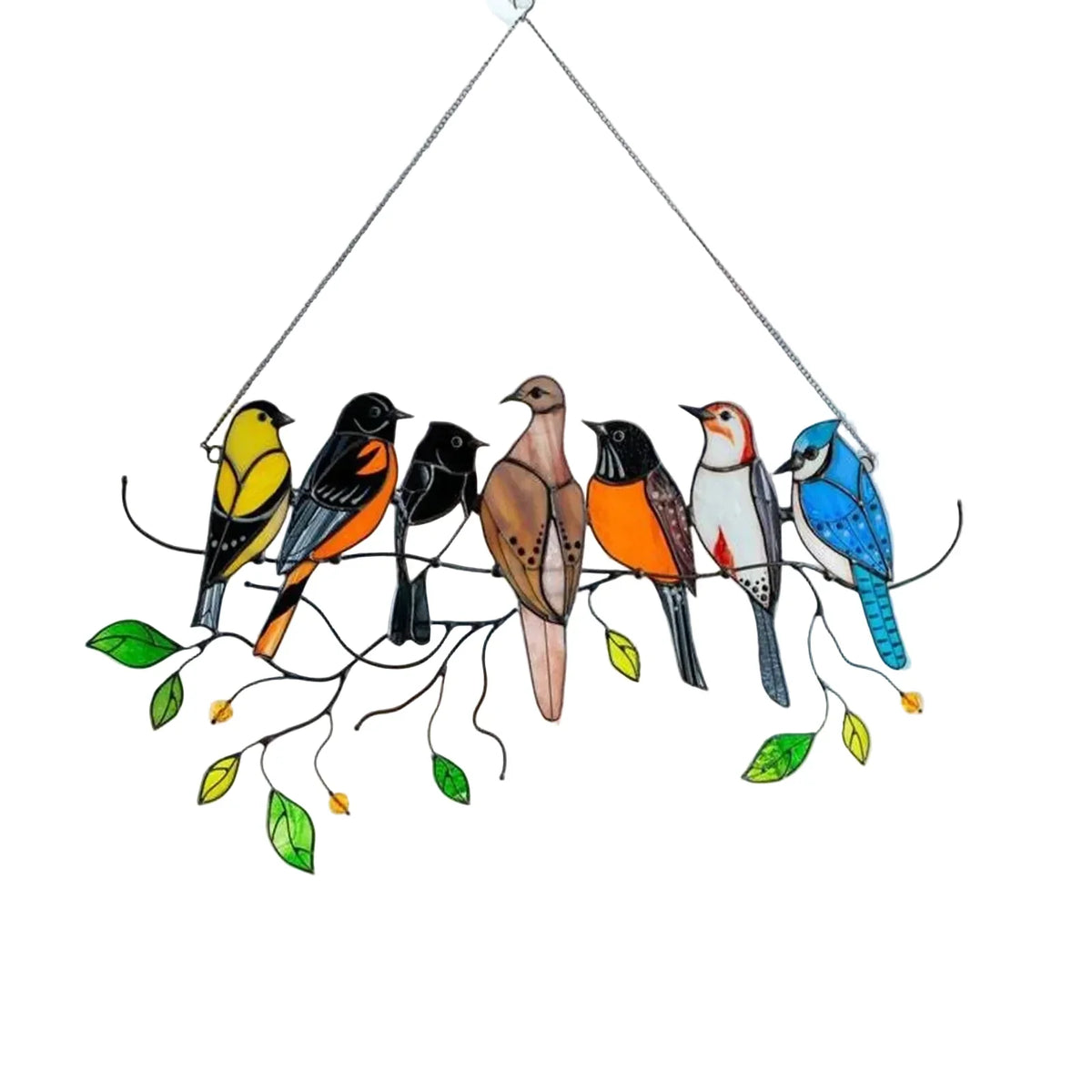 Stained Glass Style Bird Suncatcher with 7 Birds, 20.5cm
