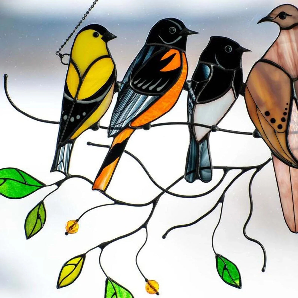 Stained Glass Style Bird Suncatcher with 7 Birds, 20.5cm