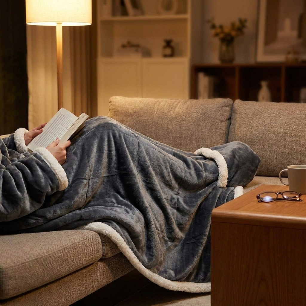 Wearable Sherpa Fleece Blanket with Sleeves and Foot Pocket