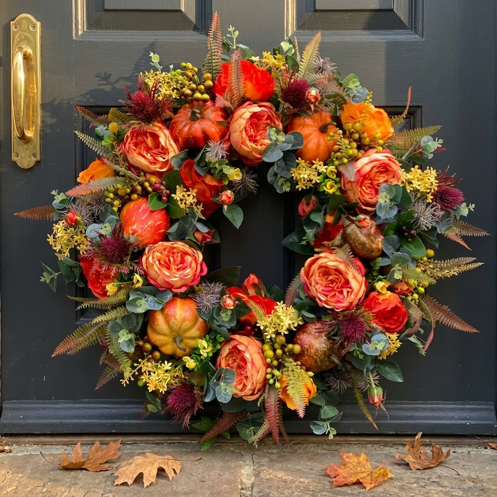 Pumpkin and Rattan Wreath 40cm in Orange, Brown and Green