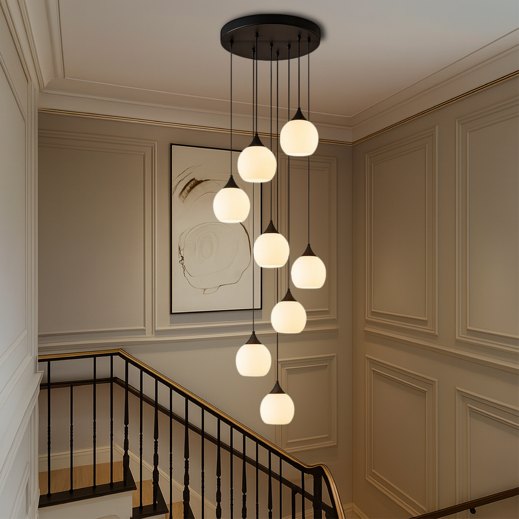 Tall Glass and Metal LED Staircase Chandelier in Black