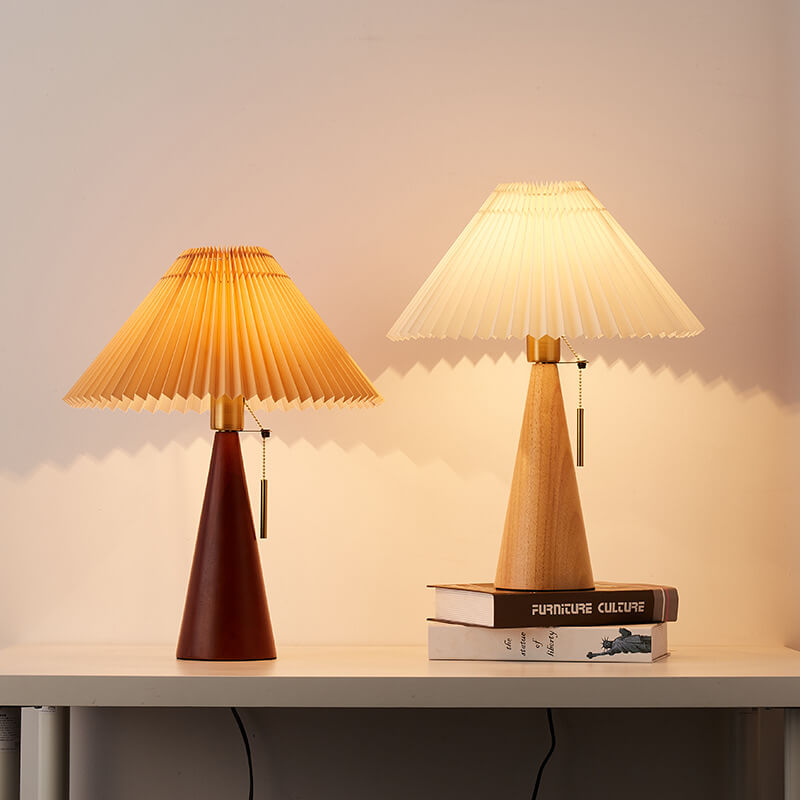 Japanese Minimalist Wood Table Lamp with Pleated Shade, 48cm