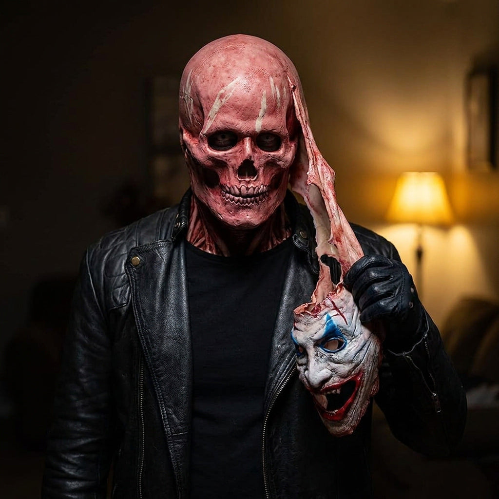 Two-Layer Halloween Mask, Clown Face over Moving-Jaw Skull