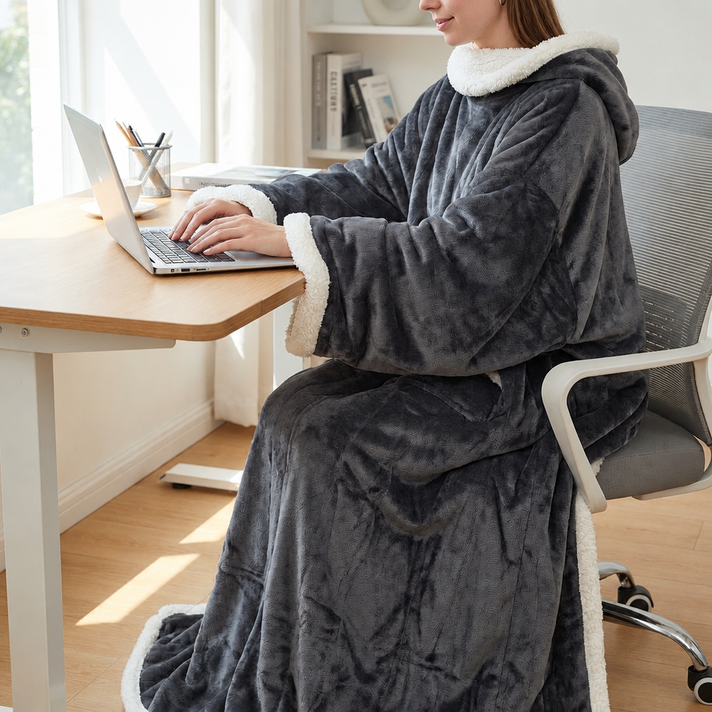 Wearable Sherpa Fleece Blanket with Sleeves and Foot Pocket