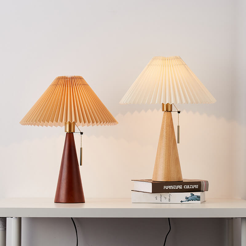 Japanese Minimalist Wood Table Lamp with Pleated Shade, 48cm