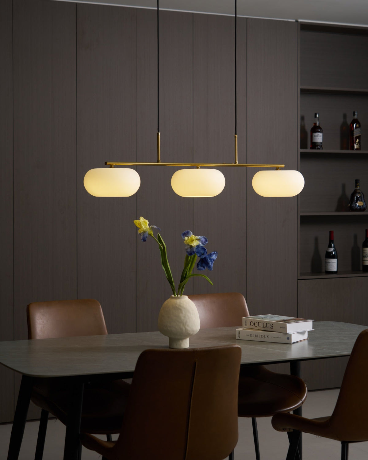 3 Light Linear Globe Pendant Light, Nickel or Gold, 98 cm
