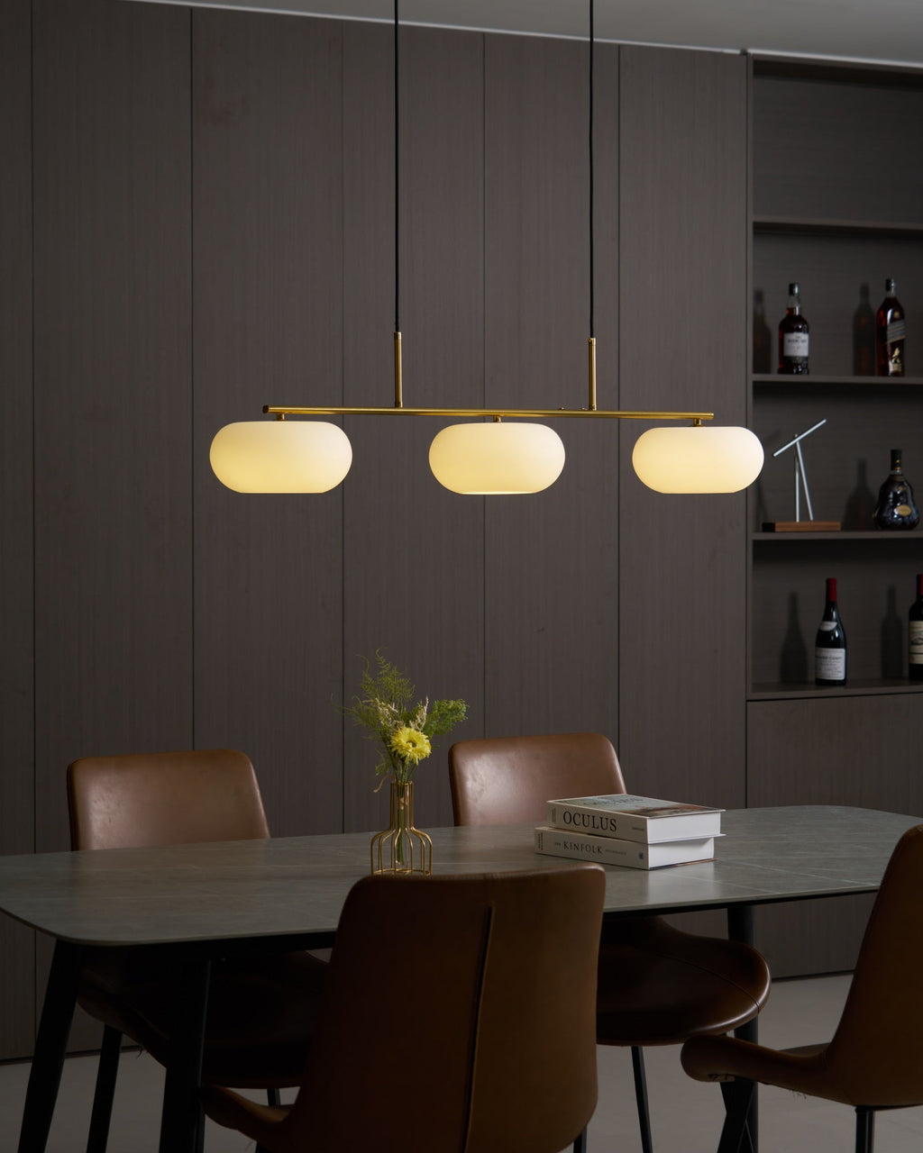 3 Light Linear Globe Pendant Light, Nickel or Gold, 98 cm