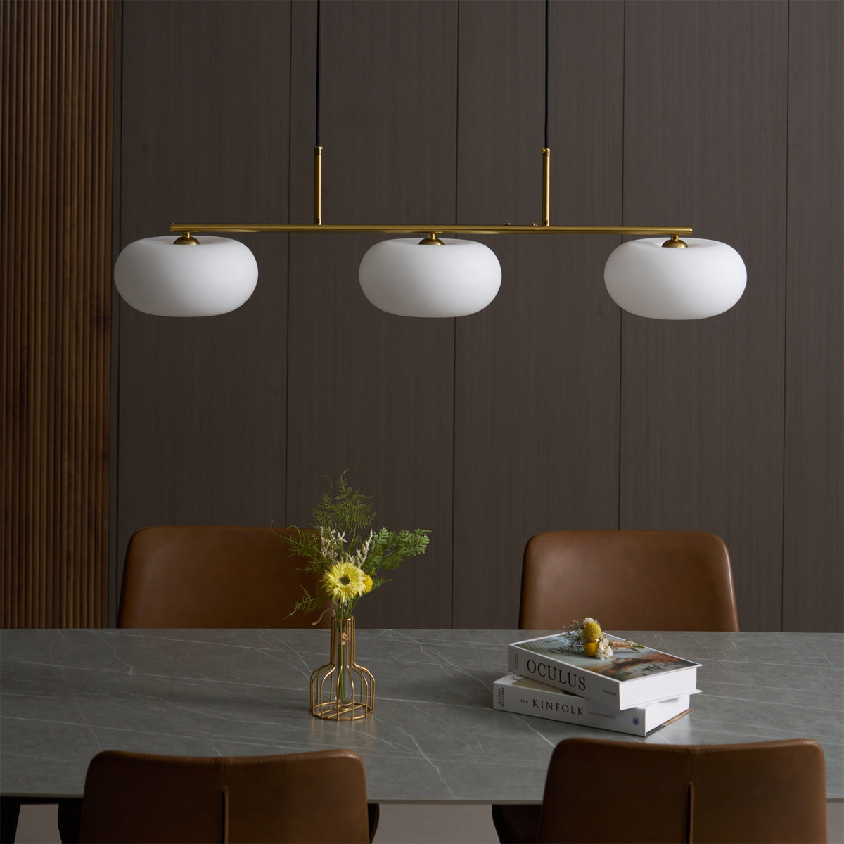 3 Light Linear Globe Pendant Light, Nickel or Gold, 98 cm
