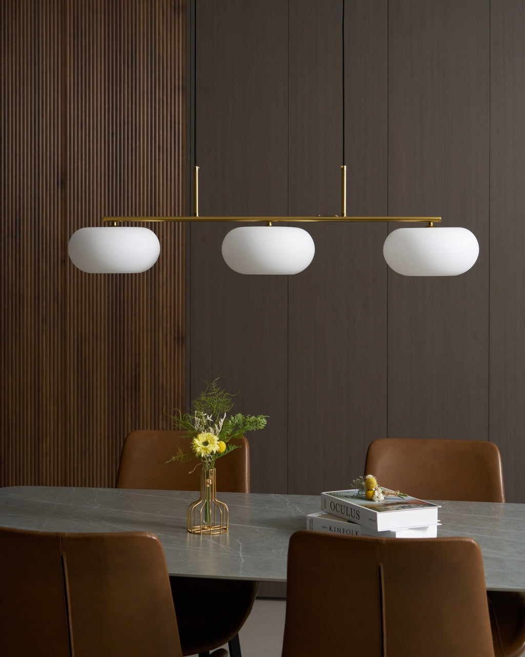 3 Light Linear Globe Pendant Light, Nickel or Gold, 98 cm