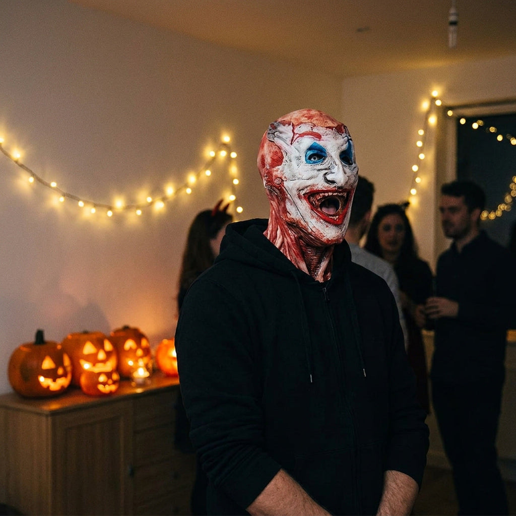 Two-Layer Halloween Mask, Clown Face over Moving-Jaw Skull