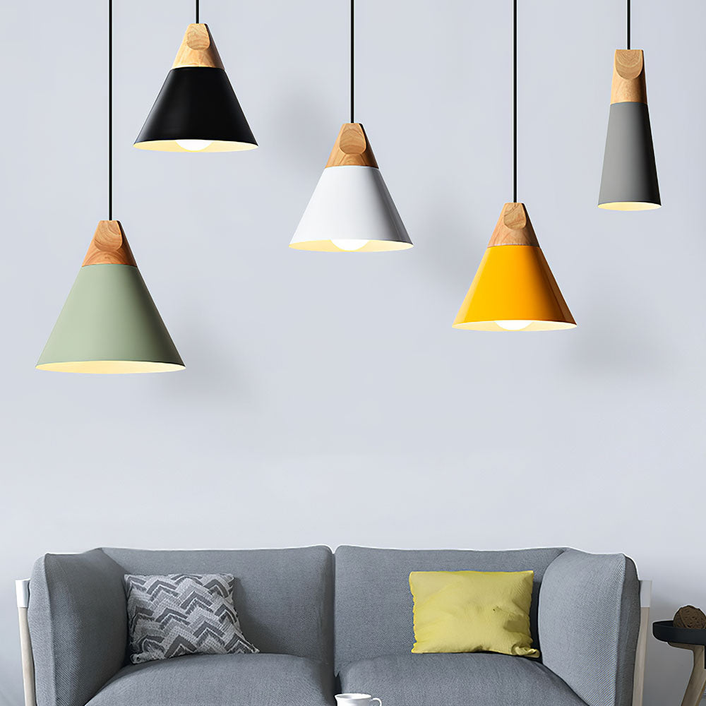 Wood and Aluminium Pendant Light, E27, Seven Colours