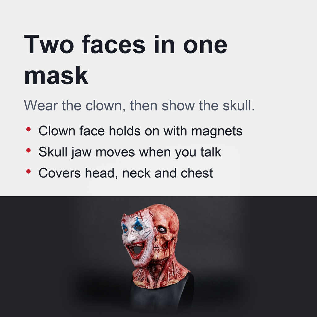 Two-Layer Halloween Mask, Clown Face over Moving-Jaw Skull