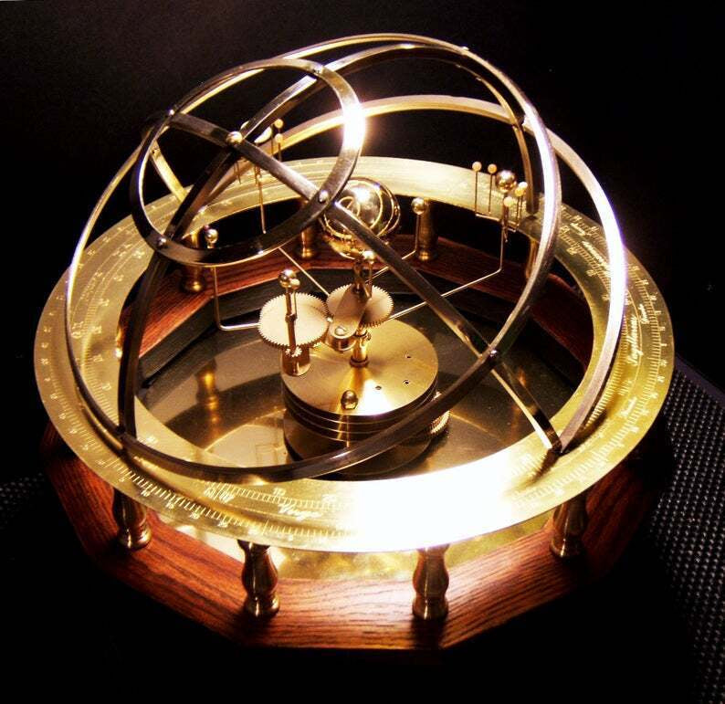 Mechanical Solar System Model with Gemstone Planets and Oak Base