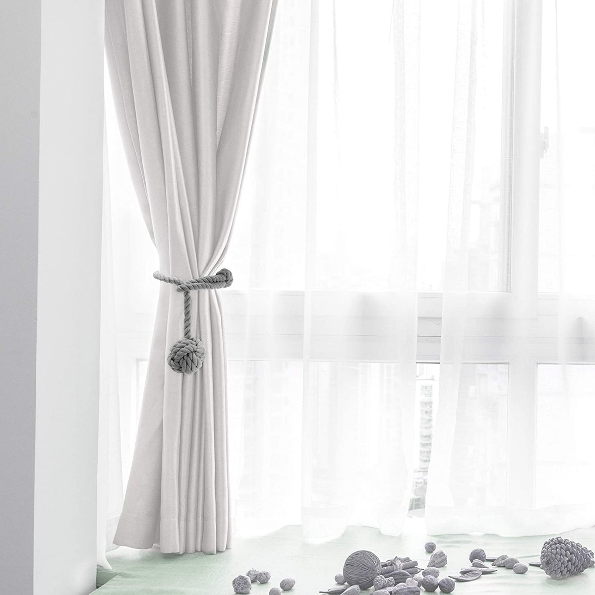 Handwoven Macrame Curtain Tie Backs with Wooden Stick