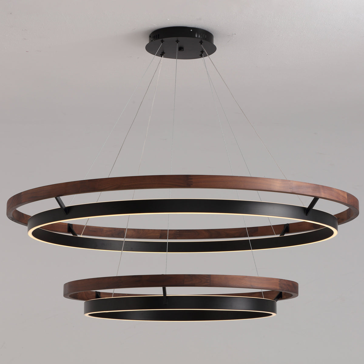Circular Wood LED Chandelier with Black Ring, Weathered Oak or Walnut
