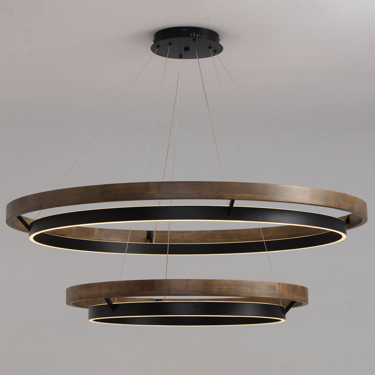 Circular Wood LED Chandelier with Black Ring, Weathered Oak or Walnut