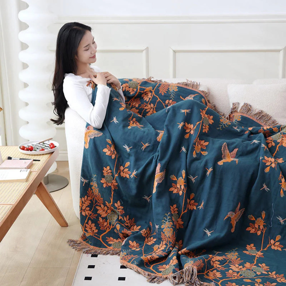 Layered Cotton Gauze Throw with Jacquard Weave and Tassels
