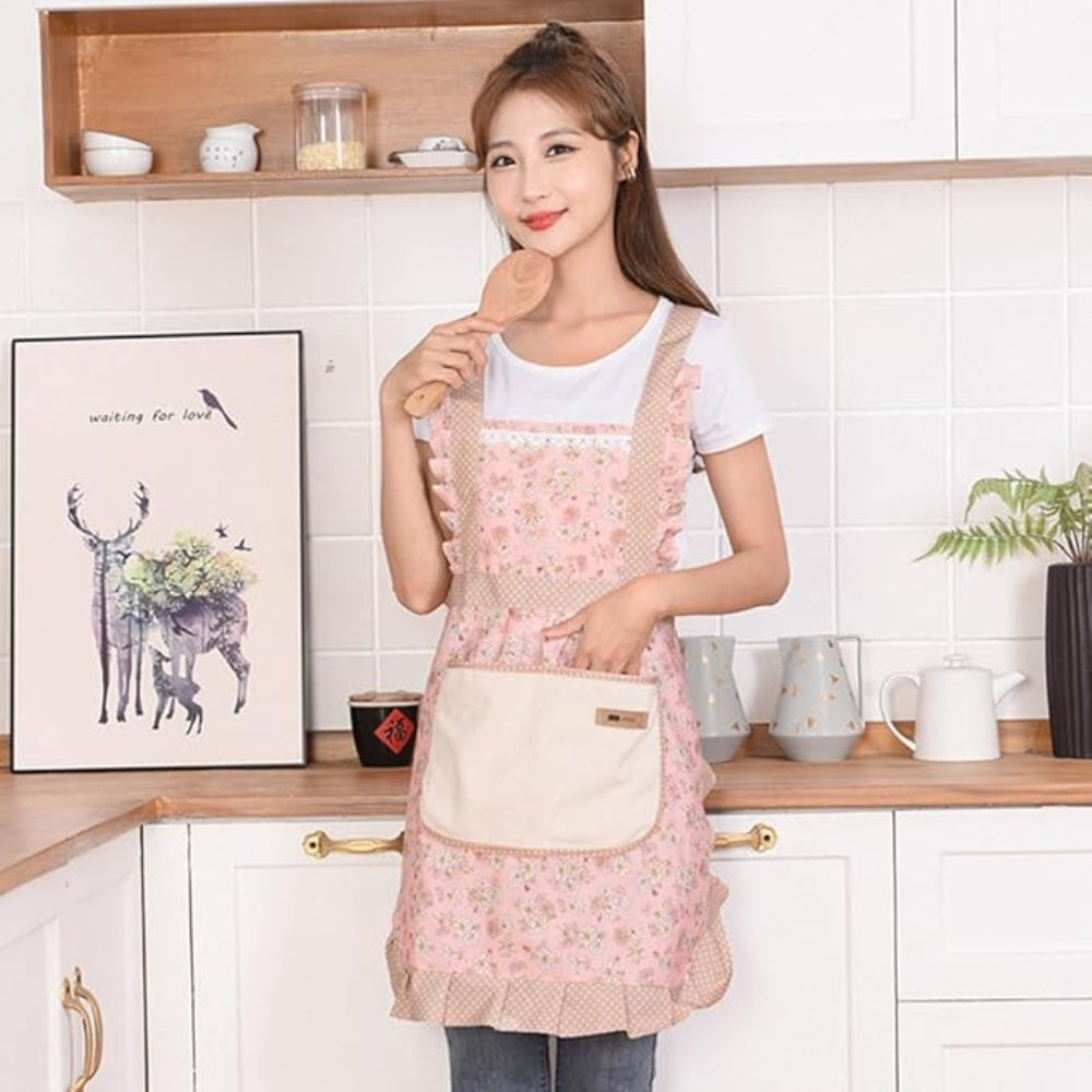 Floral Cotton Apron, Water-Repellent with Pockets, Adjustable