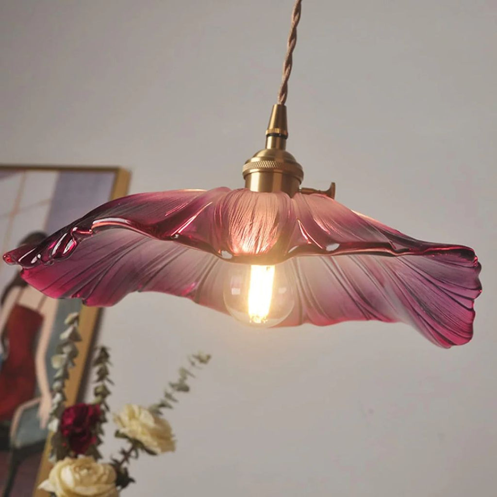 Ribbed Glass Flower Pendant Light with Gold-Tone Fitting