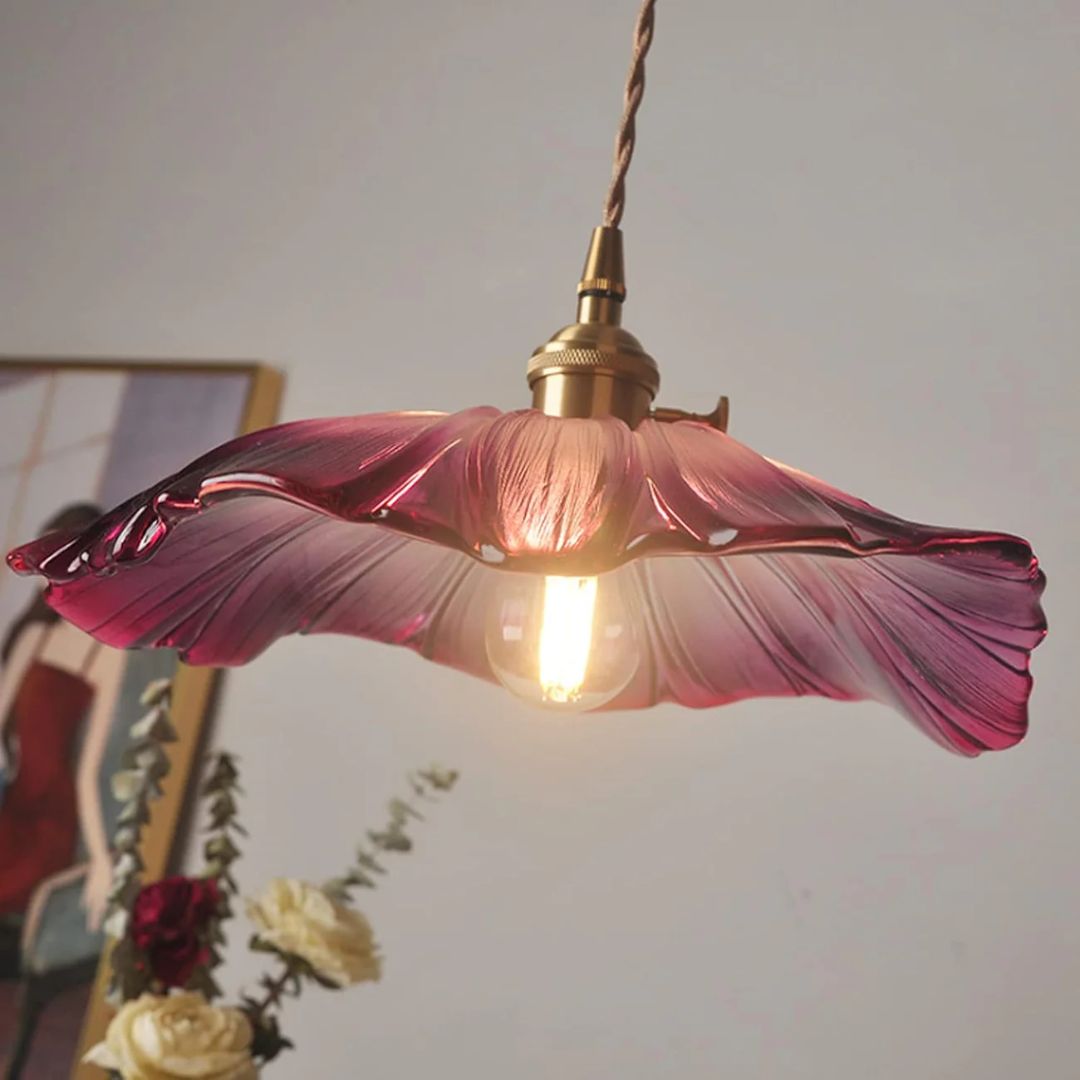 Ribbed Glass Flower Pendant Light with Gold-Tone Fitting