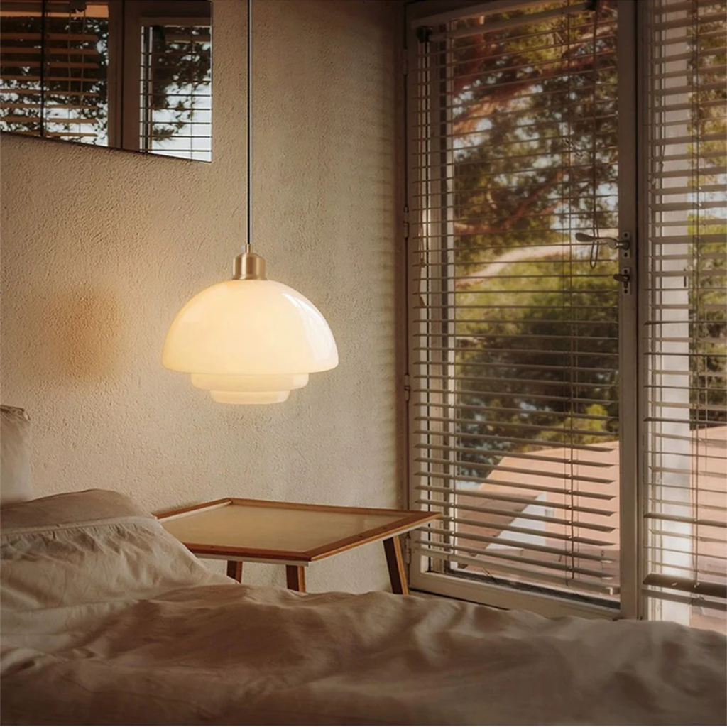 Round Glass Pendant Light with Gold Detail, Adjustable Drop