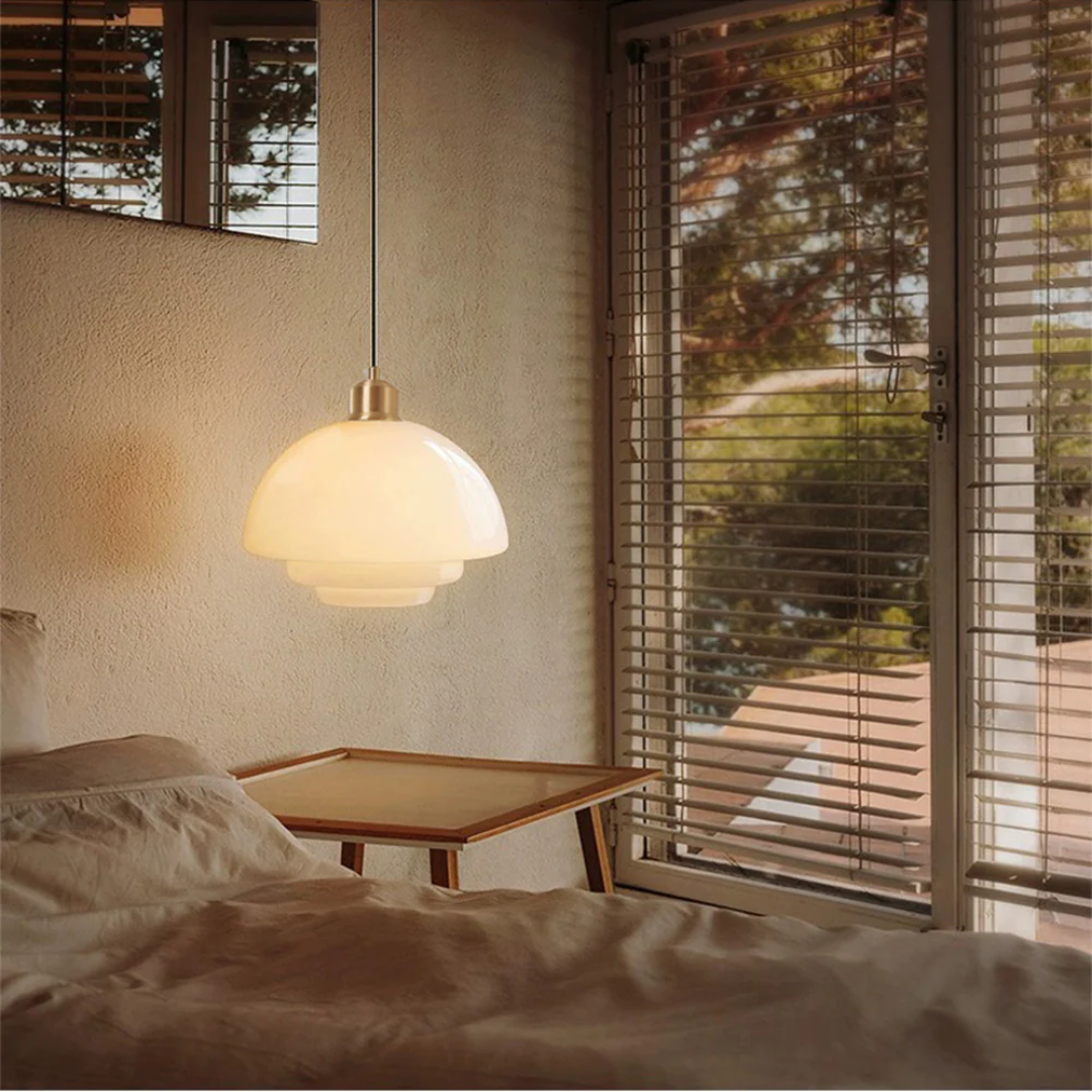 Round Glass Pendant Light with Gold Detail, Adjustable Drop