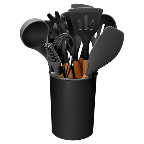 11-Piece Silicone Kitchen Utensil Set with Wooden Handles and Holder