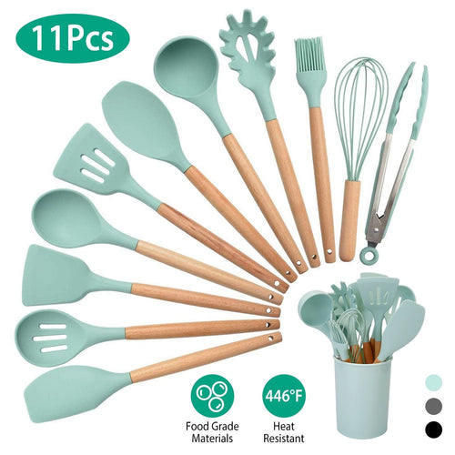 11-Piece Silicone Kitchen Utensil Set with Wooden Handles and Holder