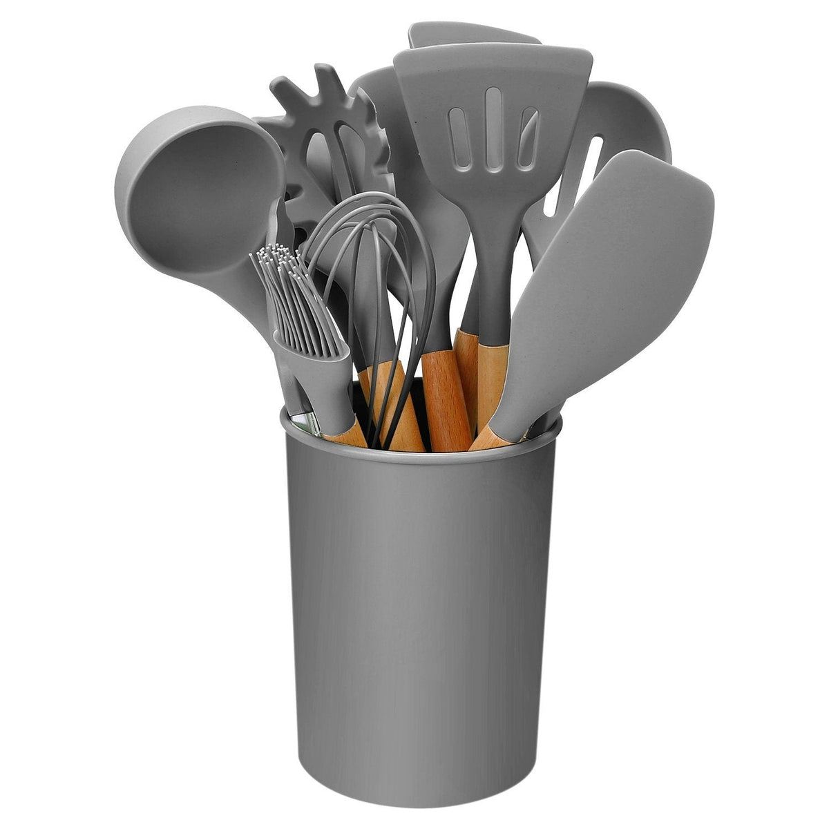 11-Piece Silicone Kitchen Utensil Set with Wooden Handles and Holder