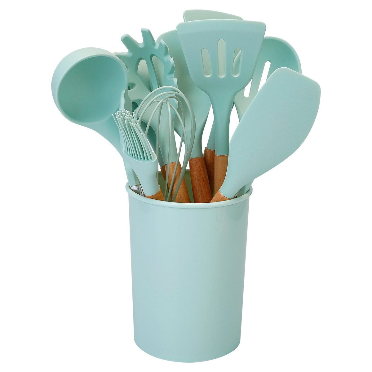11-Piece Silicone Kitchen Utensil Set with Wooden Handles and Holder