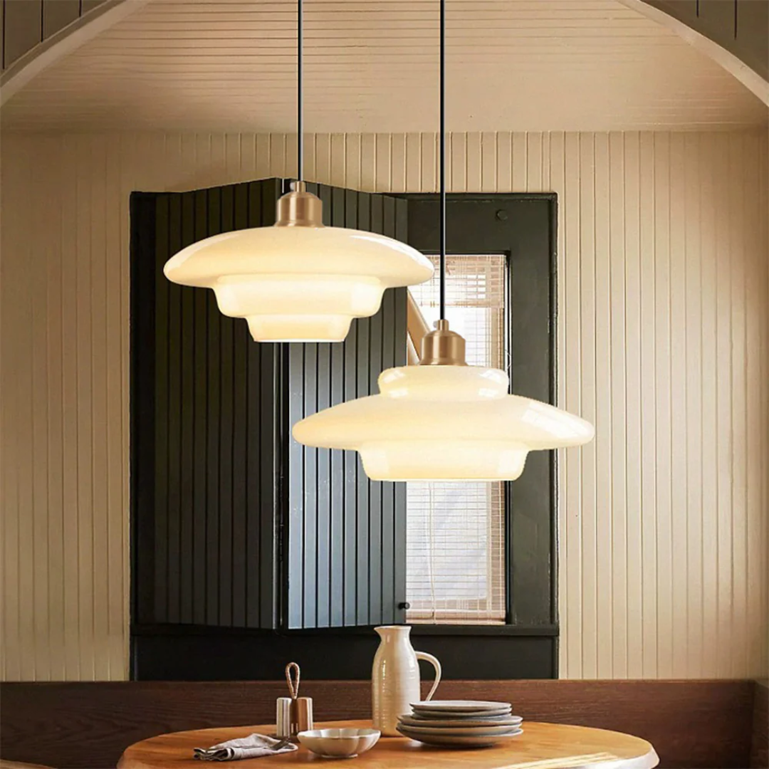 Round Glass Pendant Light with Gold Detail, Adjustable Drop