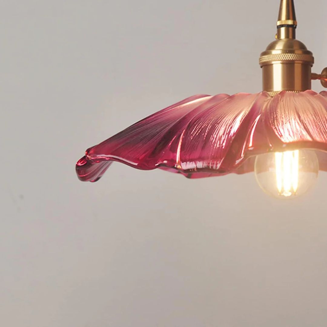Ribbed Glass Flower Pendant Light with Gold-Tone Fitting