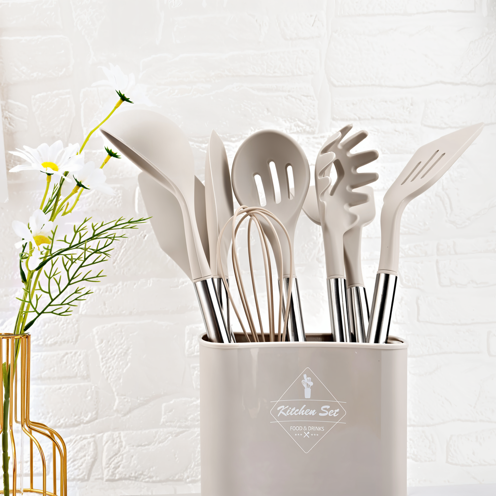 12-Piece Silicone Utensil Set with Stainless Steel Handles