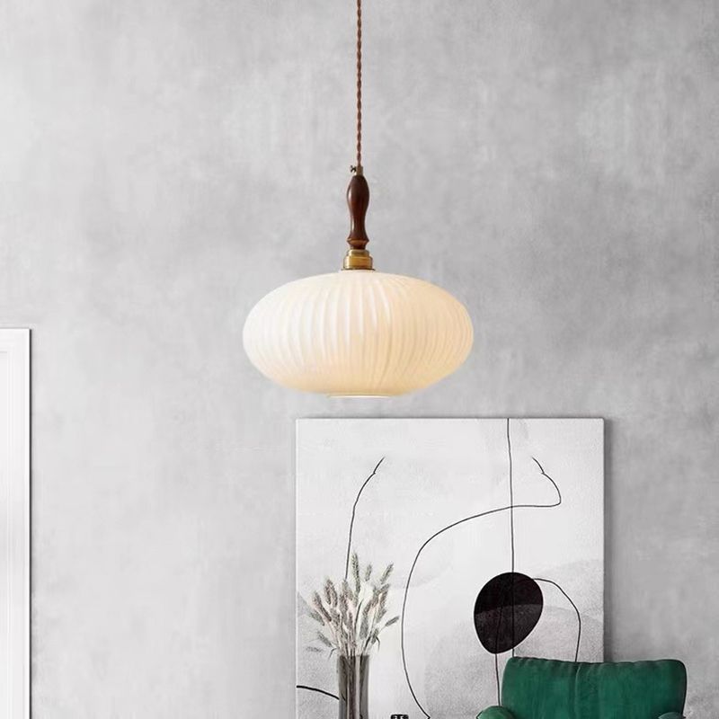 Milk Glass Dome Pendant Light with Walnut Wood Top, 25 cm