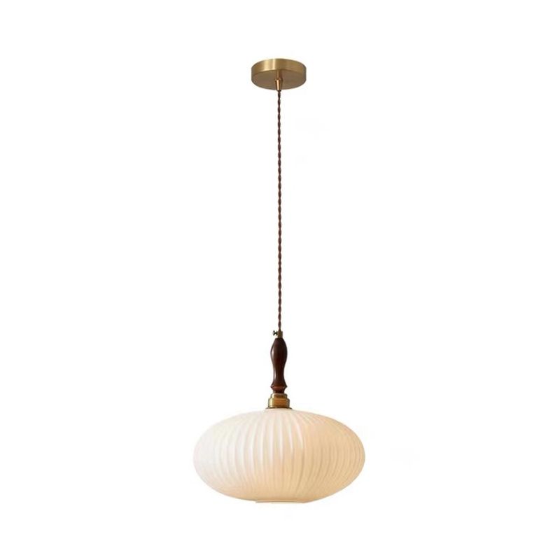 Milk Glass Dome Pendant Light with Walnut Wood Top, 25 cm