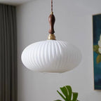 Milk Glass Dome Pendant Light with Walnut Wood Top, 25 cm
